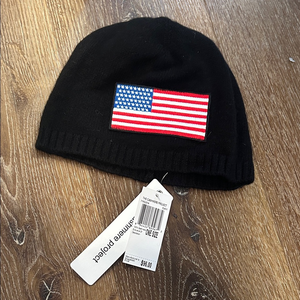 The Cashmere Project Black Beanie with American Flag Patch